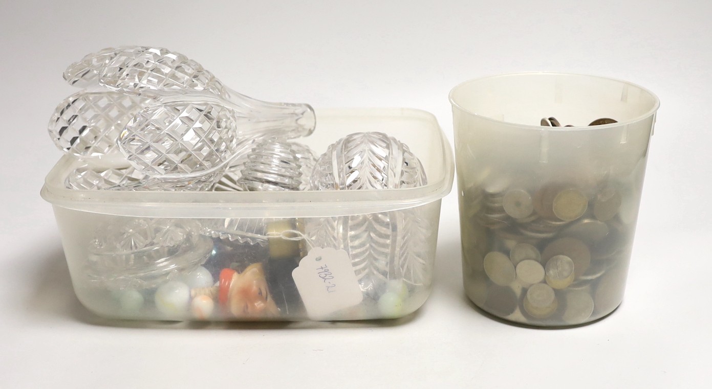 Cut glass light fitments, a quantity of marbles and mixed coinage etc